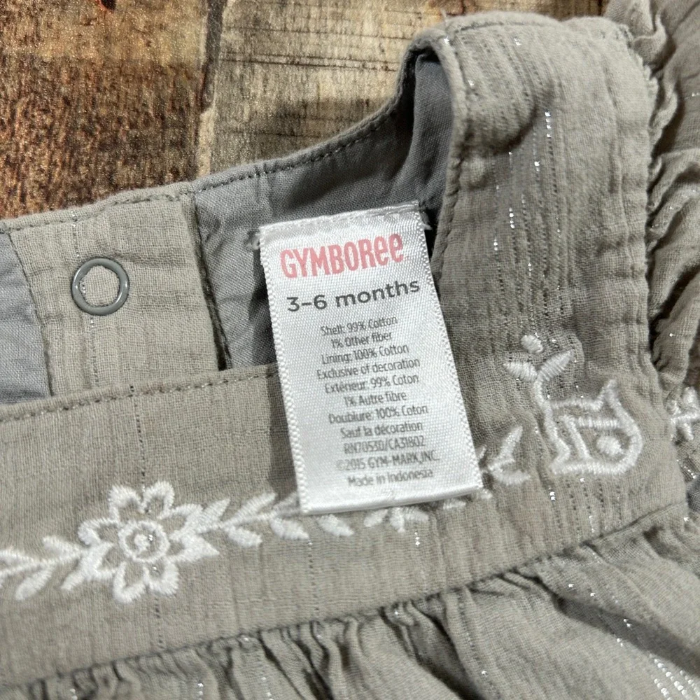 Gymboree 3-6M Gray Cotton Gauze Dress Good Day Gray Embroidered Flutter Sleeve